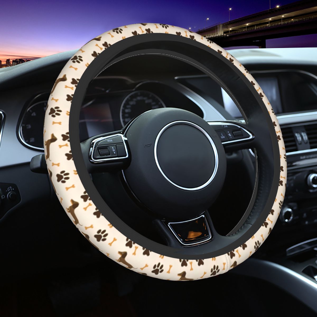 かわいいダックスフント車のステアリングホイールカバー 38  - Car Steering Wheel Cover Anti Slip Breathable のレビューと価格