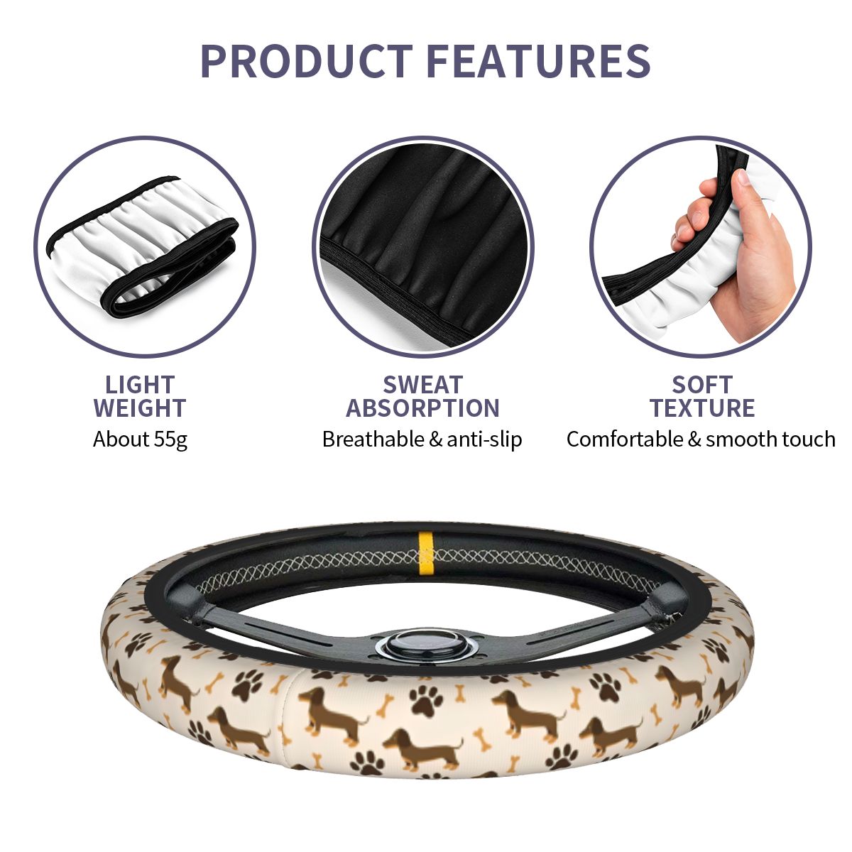 かわいいダックスフント車のステアリングホイールカバー 38  - Car Steering Wheel Cover Anti Slip Breathable のレビューと価格