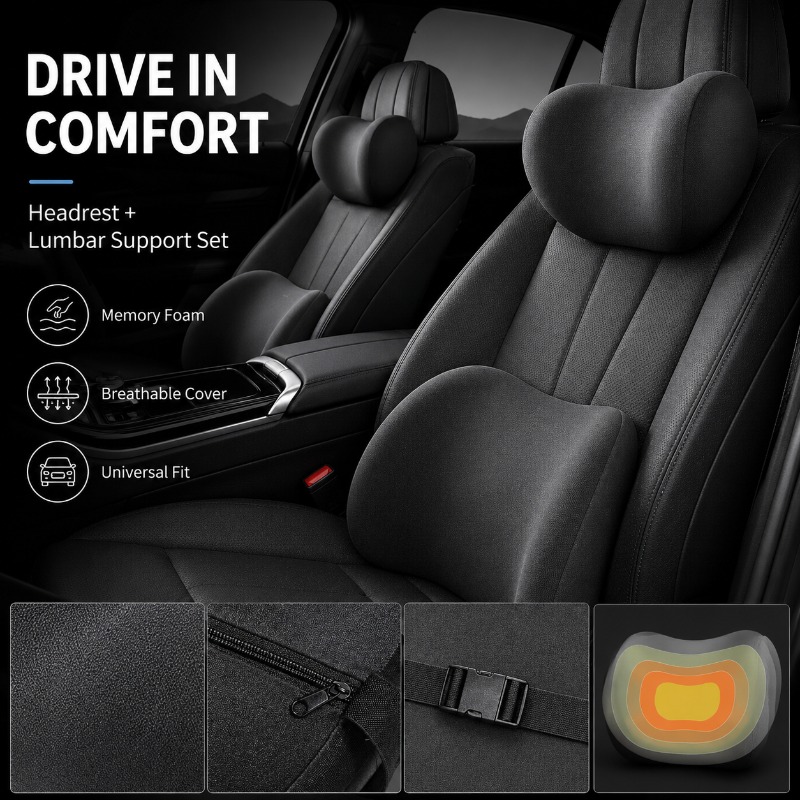 車用ヘッドレストネックピローとランバーサポートクッションセッ - Memory Foam Car Neck Pillow Lumbar Support のレビューと価格