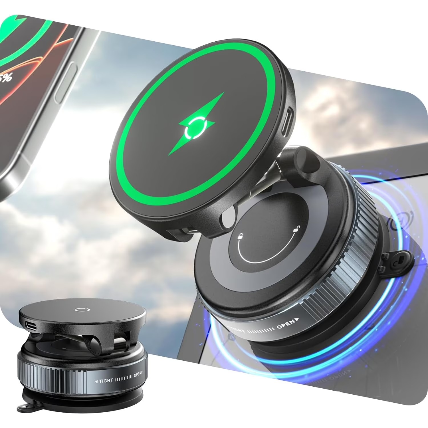 15W ワイヤレス急速充電器 車載ホルダー 真空吸着 360 - Wireless Car Charger Mount Fast Charging のレビューと価格
